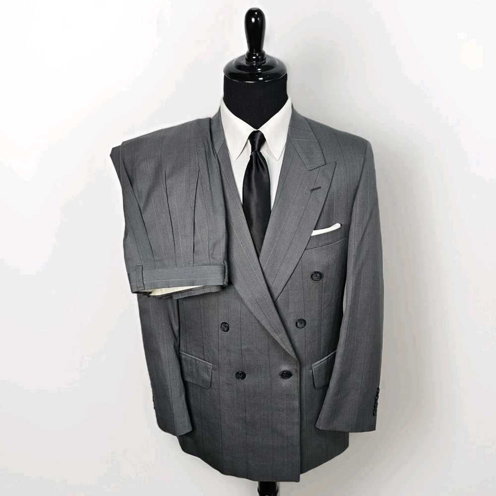 Vtg Stafford Suit Double Breasted 42R Pants 34x30 Gray & Green Pin Stripe USA